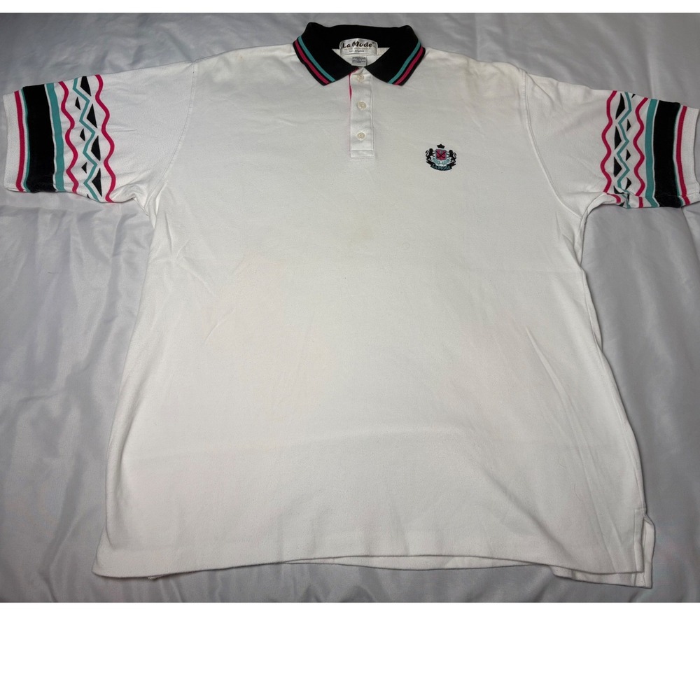 La Mode Polo Shirt Mens L White Good Vintage 90s Geometric Golf Made in USA